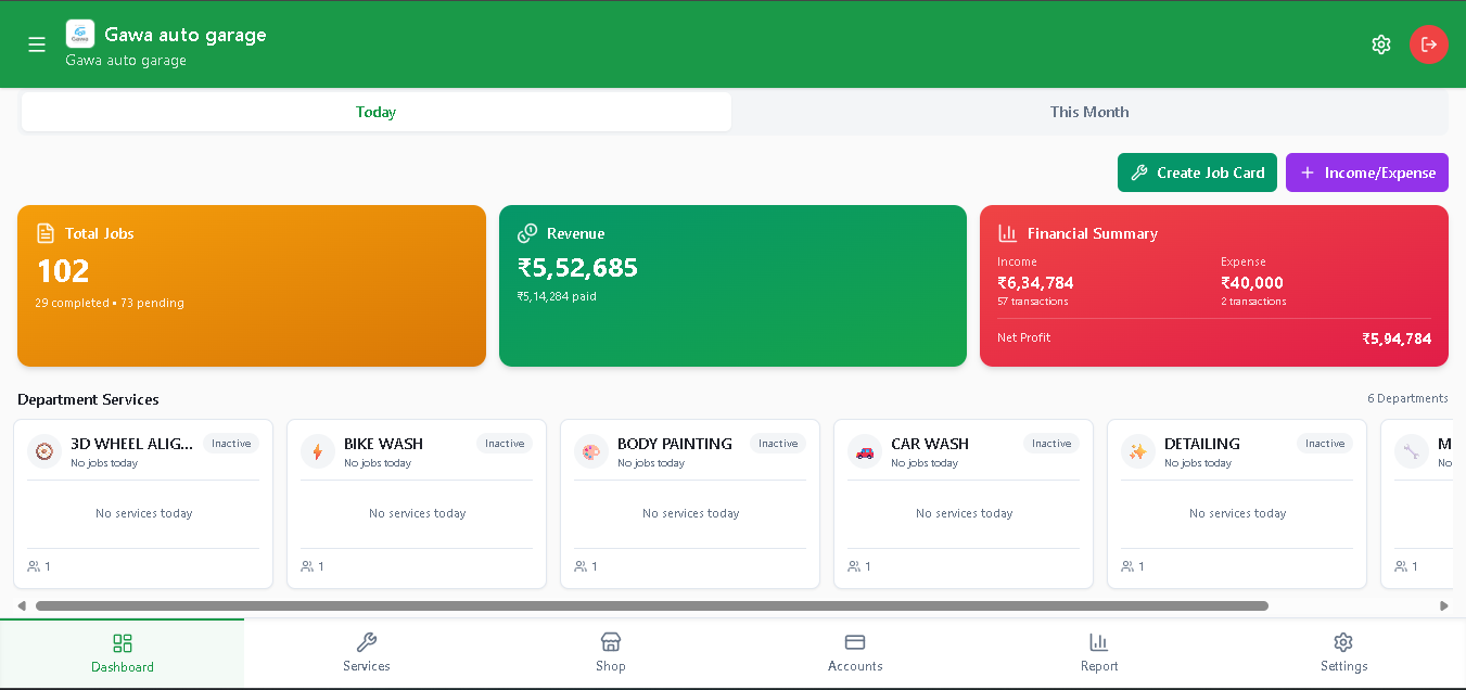 GAWA 2.0 garage management dashboard preview